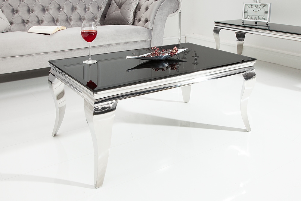 Eleganter Couchtisch MODERN BAROCK 100cm silber mit schwarzem Opalglas Eleganter Couchtisch MODERN BAROCK 100cm silber mit schwarzem Opalglas
