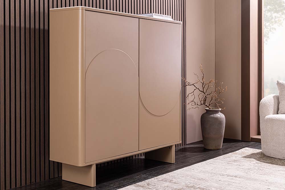 Design Highboard SAVOY 130cm grau beige greige Travertin Keramik Stauraum 3D-Front