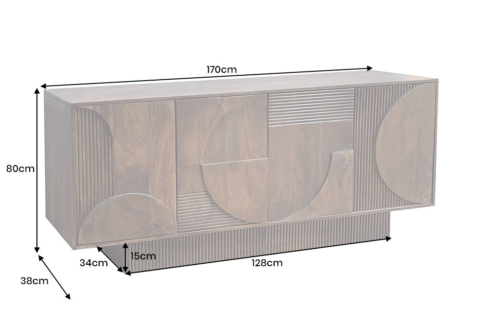 Massives Sideboard ART DECO 170cm braun smoke Mangoholz 3D-Front