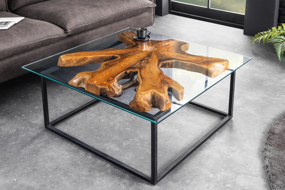 Industrial Couchtisch TEAK ROOT 70cm braun Teakholz Metall Glastisch handmade