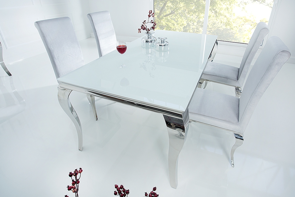 Eleganter Design Esstisch MODERN BAROCK 180cm weiß Opalglas Tischplatte Edelstahl