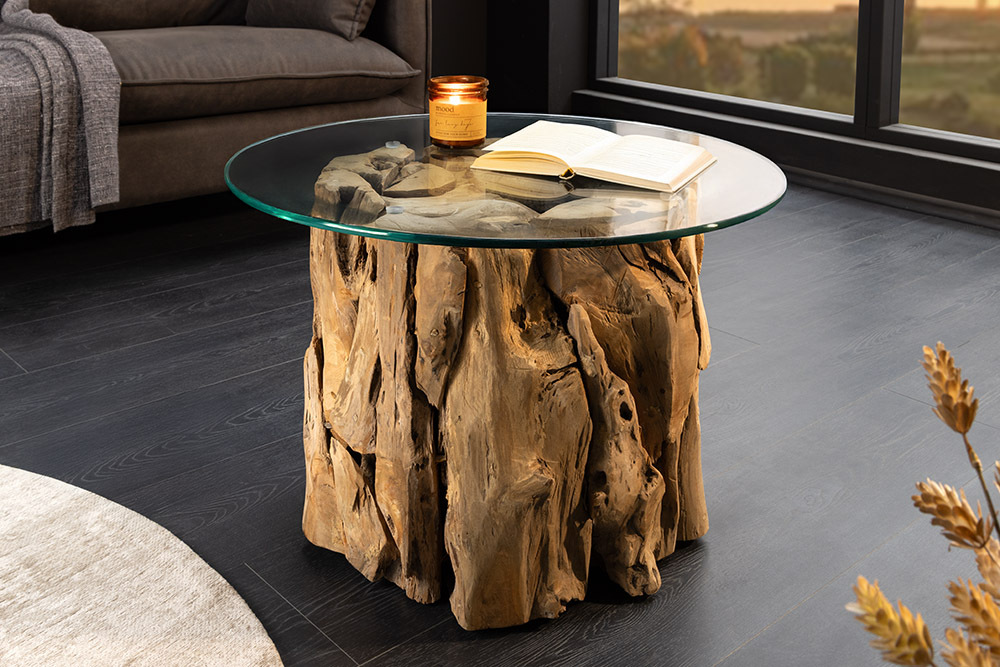 Handgearbeiteter Couchtisch RIVERSIDE 60cm Teakholz runde Glasplatte Massivholz