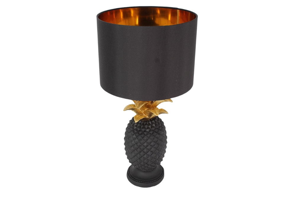 Handgefertigte Tischlampe PINEAPPLE 50cm schwarz Ananas-Design gold mit Stoffschirm