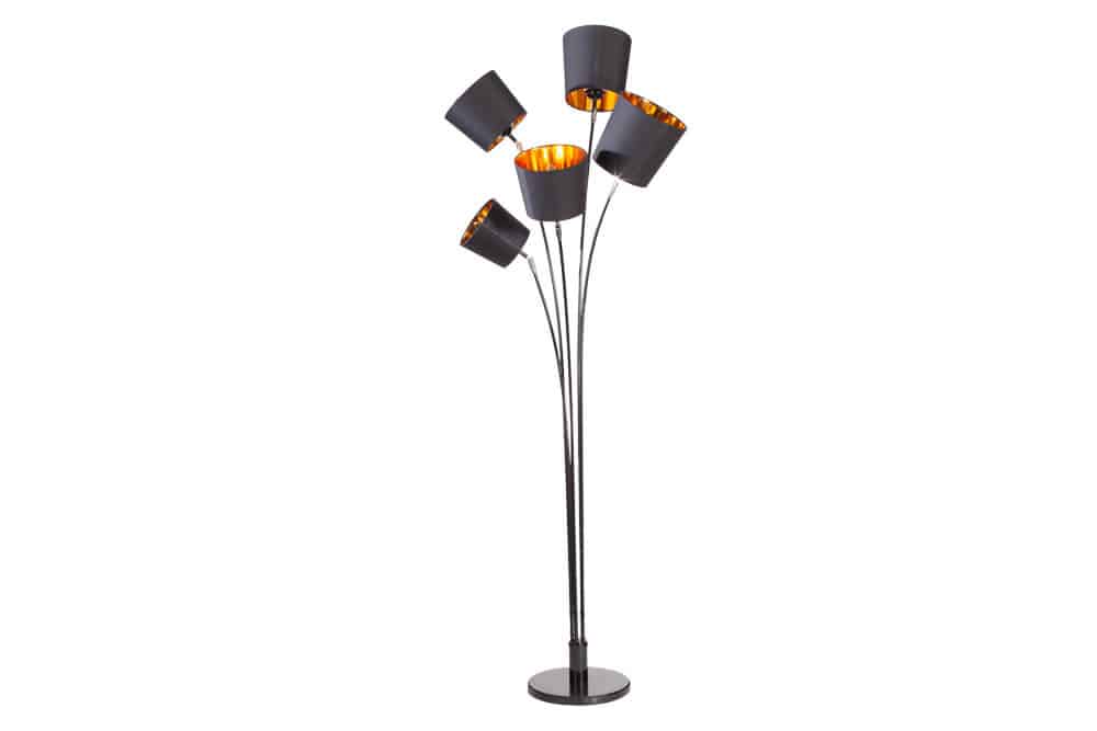 Design Stehlampe LEVELS 176cm mit 5 Leinenschirmen schwarz gold Stehleuchte