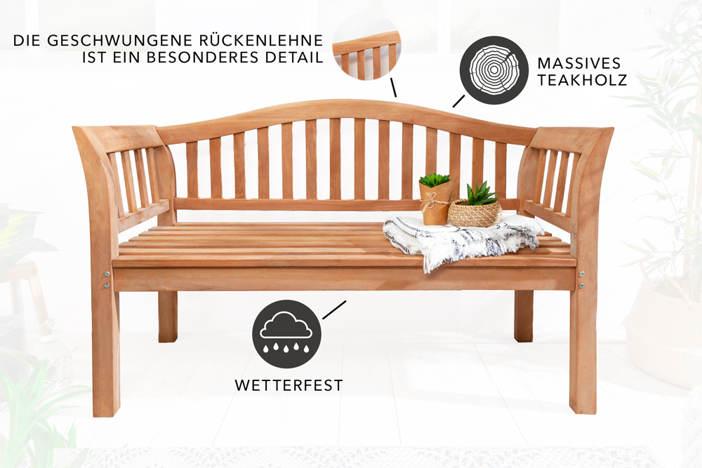 Massive Gartenbank EMPIRE TEAK 130cm natur Teakholz Outdoor-Sitzbank mit Lehne