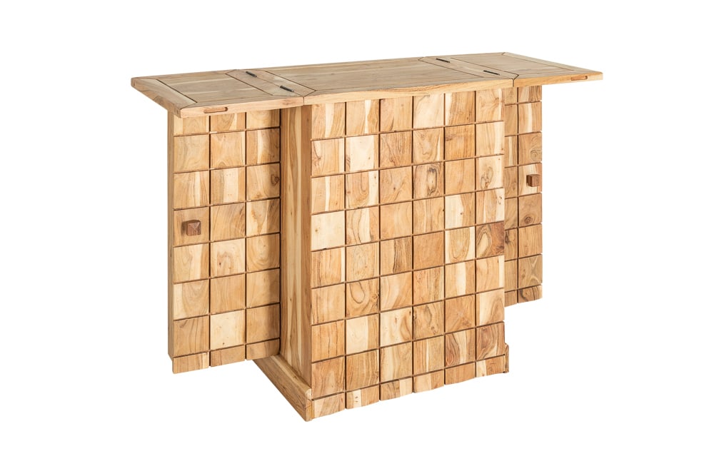 Handgearbeiteter Barschrank MOSAICO 130cm Akazie Massivholz 3D Effekt
