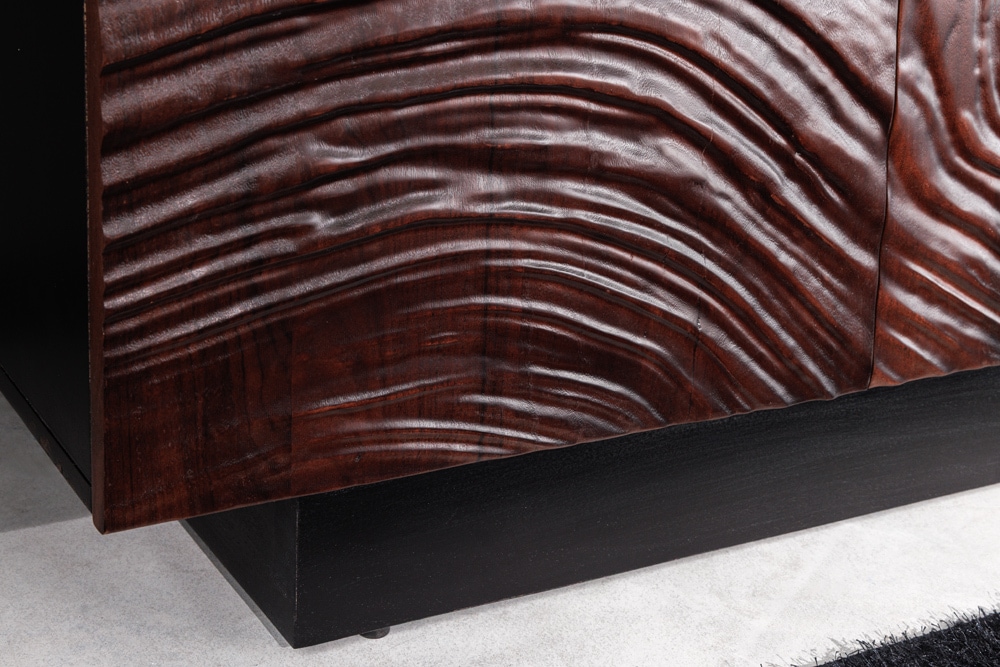 Massives Sideboard FLUID 175cm walnuss-braun Akazienholz 3D-Design schwarzer Sockelfuß