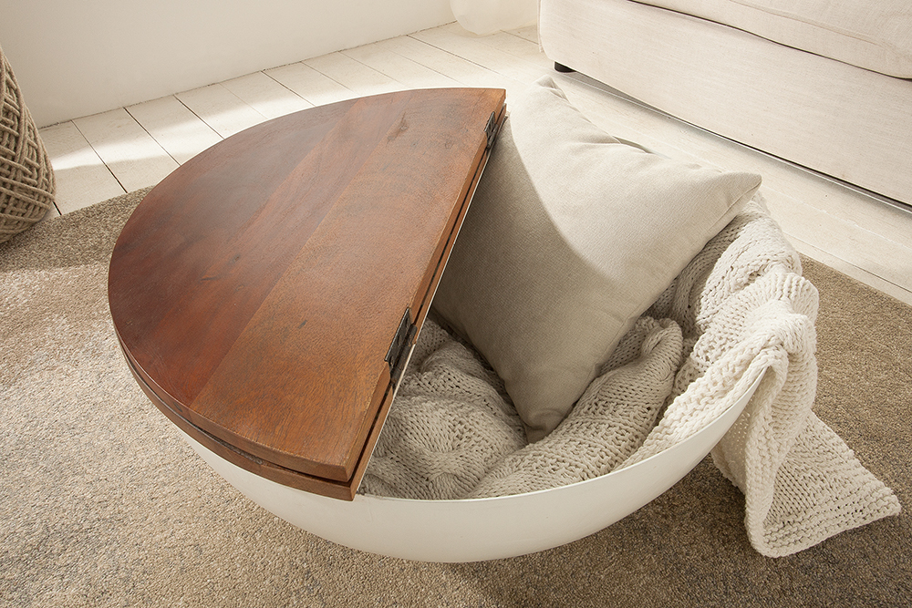 Design Couchtisch JAKARTA 70cm weiß Massivholz rund aus recycelten Fischerbooten mit Stauraum