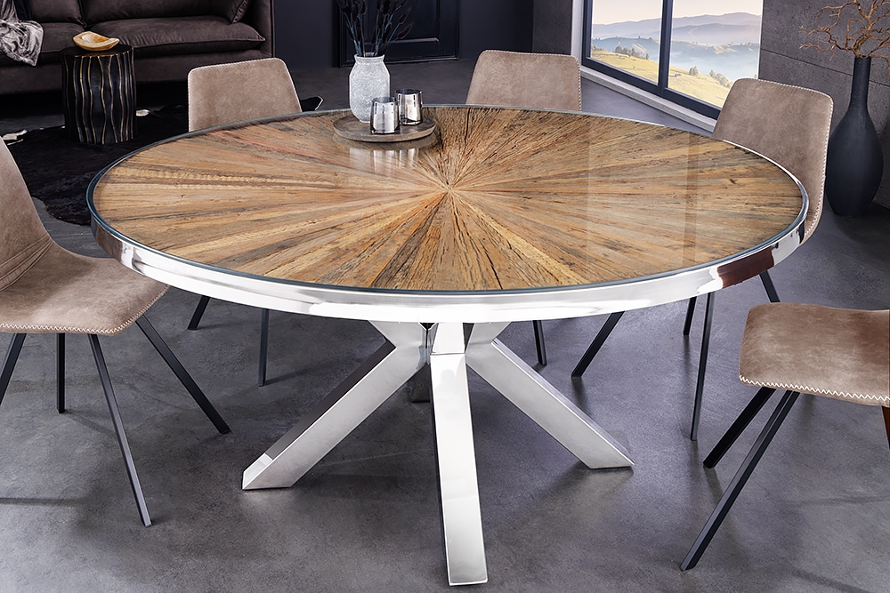 Runder Esstisch BARRACUDA 140cm braun Teak Massivholz Glas silber Edelstahl verchromt