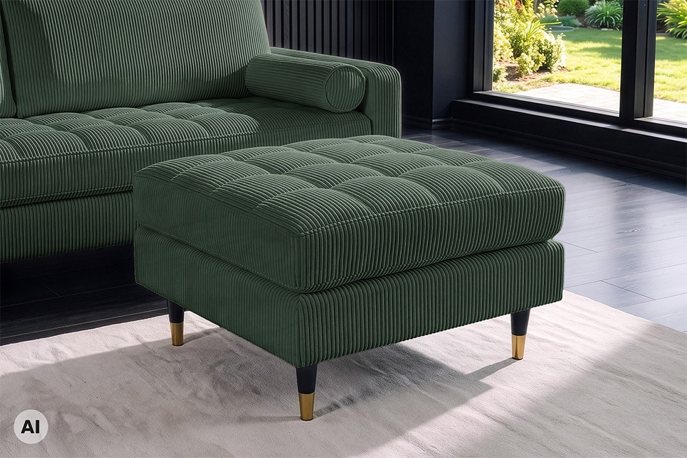 Design Hocker COZY VELVET 80cm grün Cord schwarz mit goldener Metallkappe
