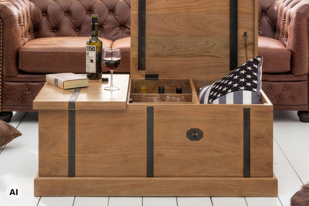 Massiver Couchtisch BODEGA 100cm braun honey finish Mangoholz Hausbar Truhe Stauraum