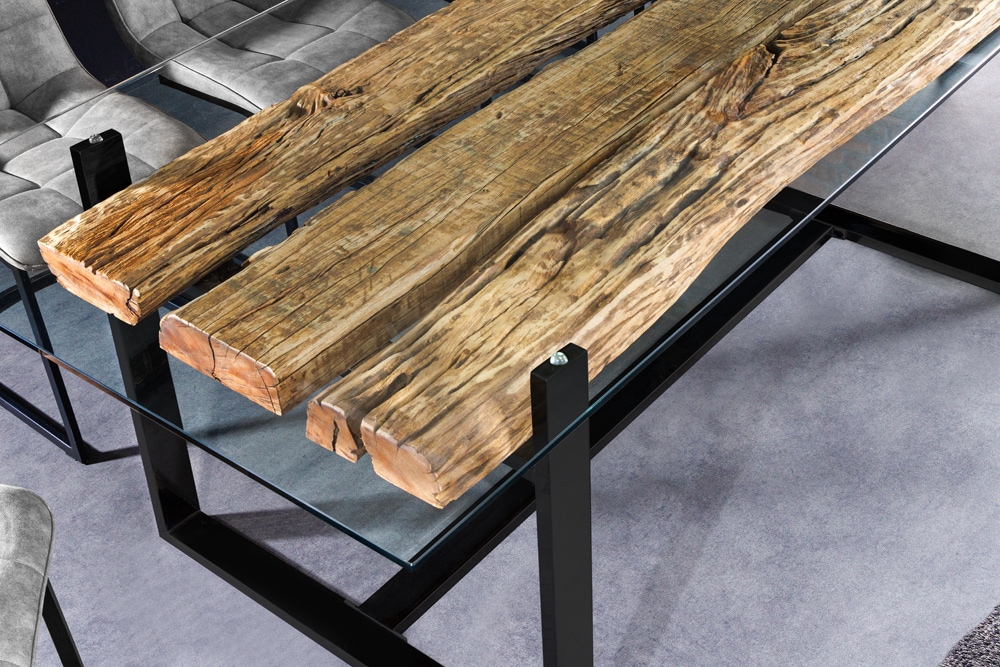 Design Glas Esstisch BARRACUDA 220cm natur Teak Massivholz schwarz Kufengestell