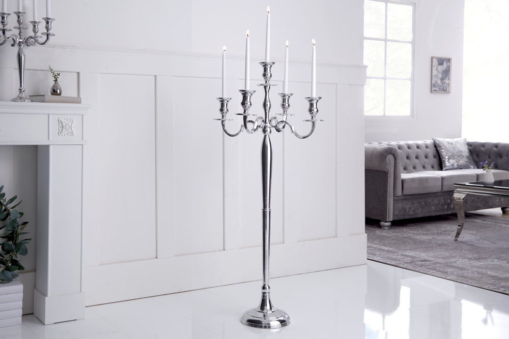Kerzenständer MODERN BAROCK 120cm silber 5-armig Lüster Aluminium poliert Kerzenhalter