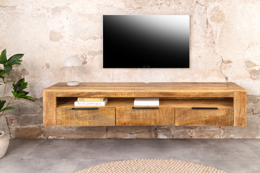 Hängendes TV-Board IRON CRAFT 160cm natur Mango Massivholz drei Schubladen Lowboard