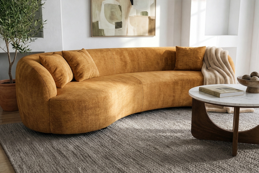 Organisches Sofa ATELIER 230cm senfgelb Samt 3-Sitzer Couch inkl. Kissen