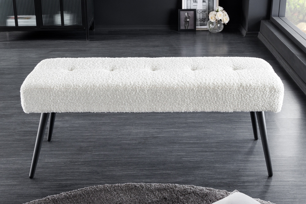 Design Sitzbank BOUTIQUE 100cm weiß Bouclé schwarze Metallbeine Polsterbank