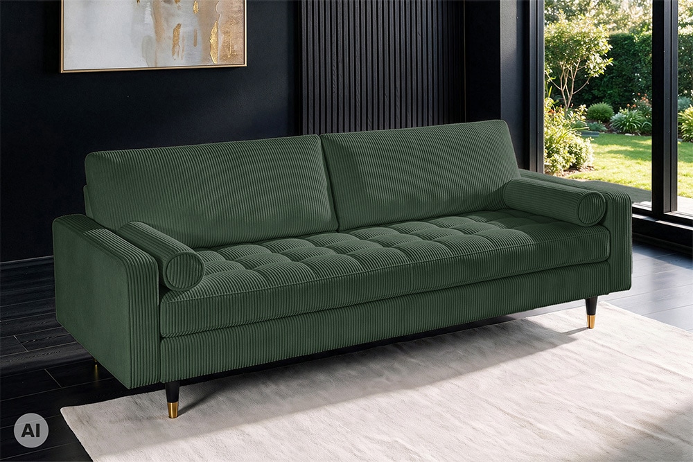 3er Sofa COZY VELVET 220cm grün Cord schwarze Füße mit goldener Kappe