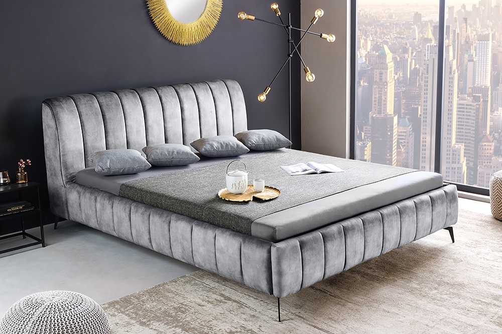 Retro Bett AMSTERDAM 180x200cm grau Samt schwarz Metall Polsterbett