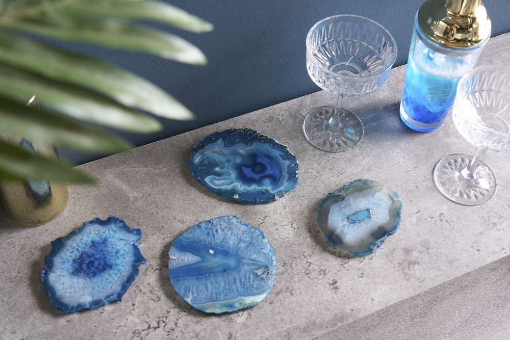 4er Set Untersetzer für Gläser COASTER 10cm blau Edelstein Achat Quarz handmade 4er Set Untersetzer für Gläser COASTER 10cm blau Edelstein Achat Quarz handmade