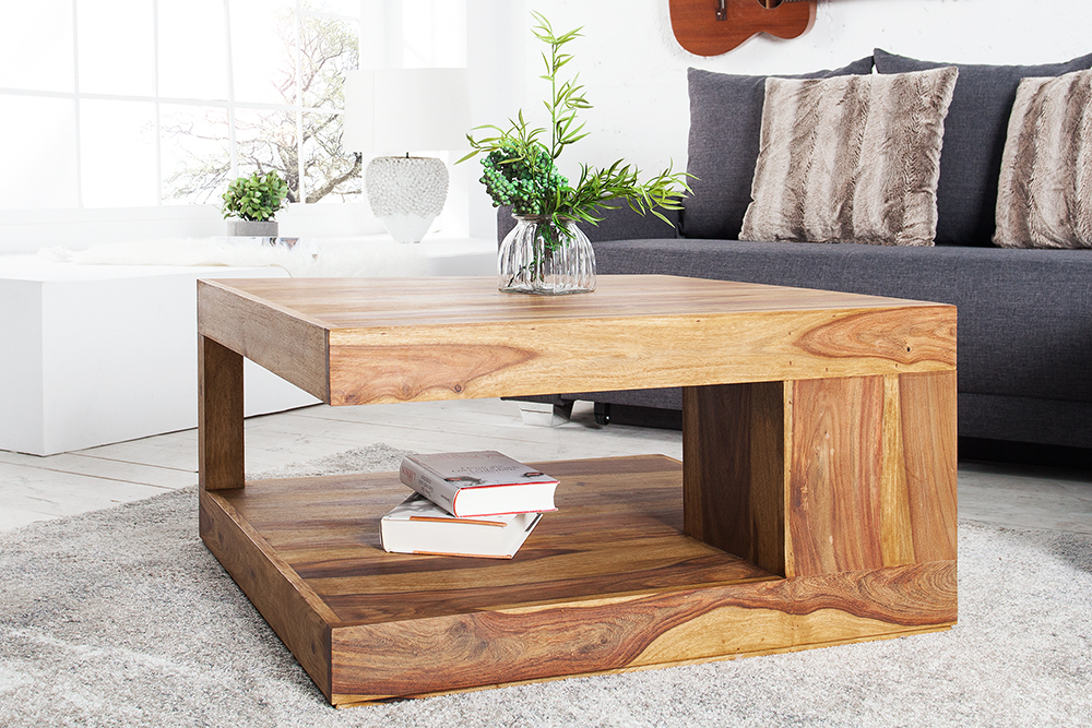 Design Couchtisch GIANT 80cm braun Sheesham Massivholz stone finish mit Ablage