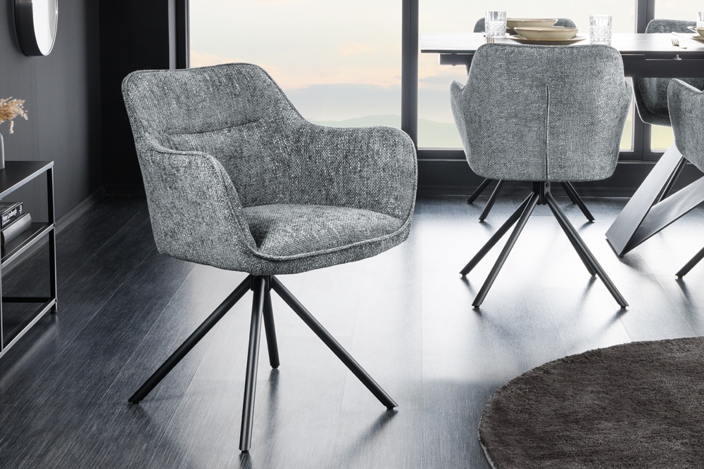 Drehbarer Stuhl VERONA grau Strukturstoff mit Armlehne Metallbeine schwarz