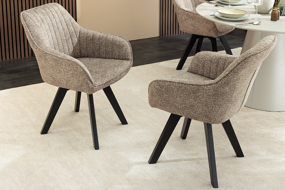 Design Stuhl LIVORNO taupe Strukturstoff schwarz Massivholz drehbar Auto-Return-Funktion