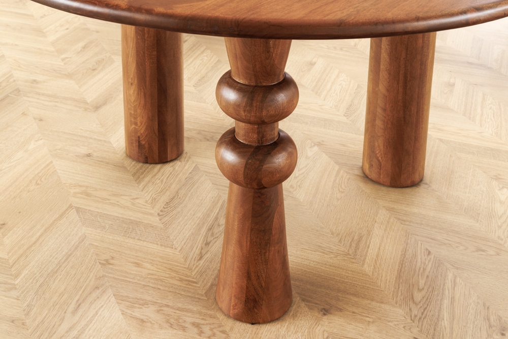 Runder Esstisch ARTE 120cm braun Mangoholz massiv mit markantem Gestell