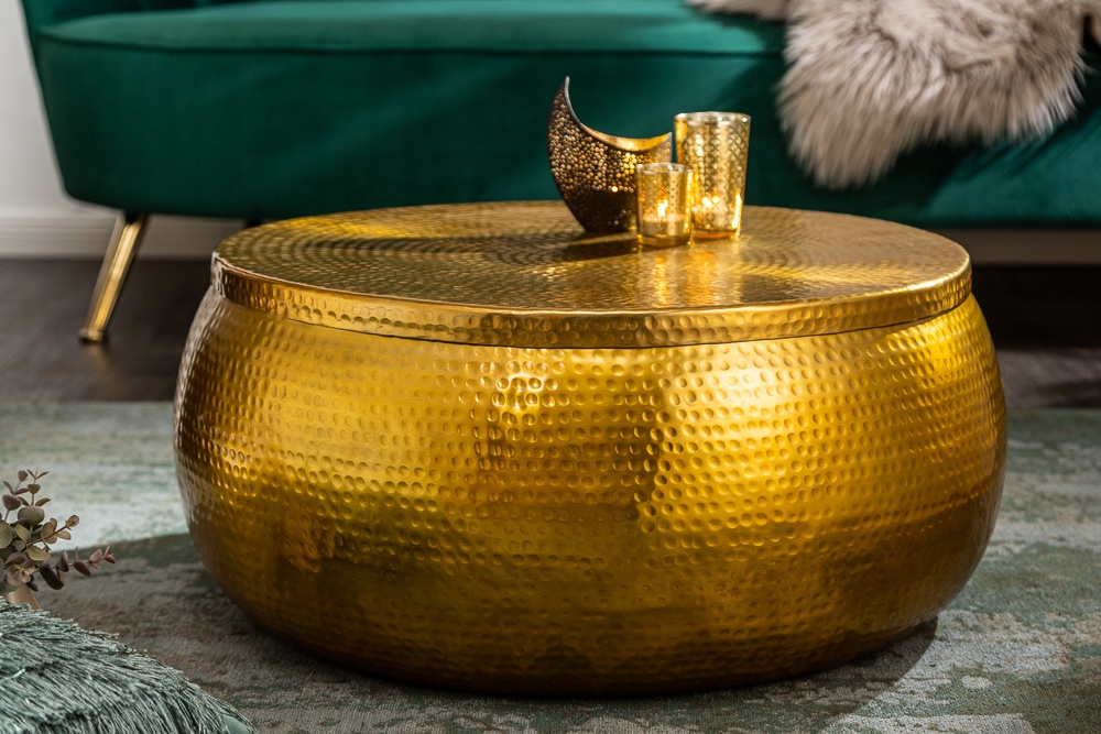 Runder Couchtisch ORIENT STORAGE 70cm gold Metall mit Stauraum Hammerschlag Design handmade