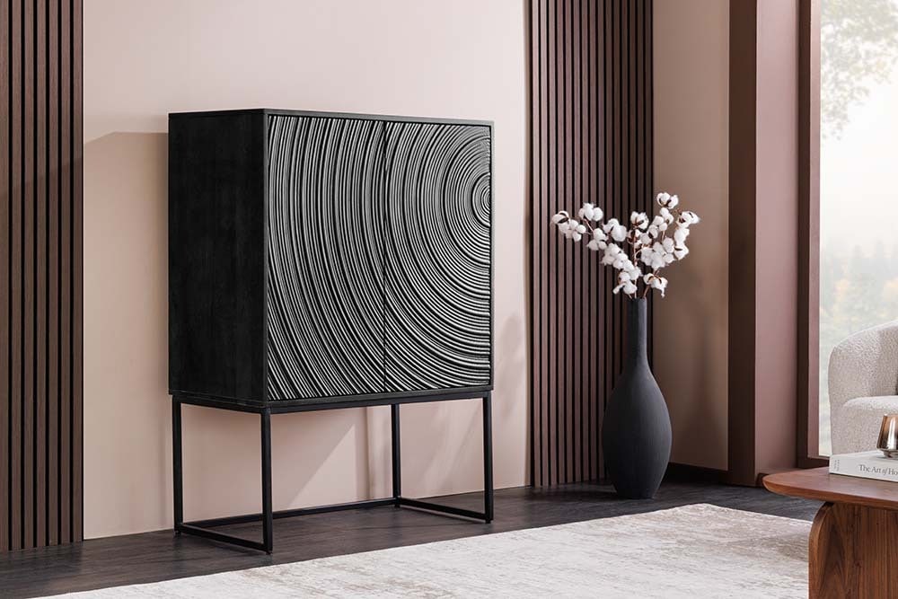 Design Highboard ORBIT 120cm schwarz Mangoholz mit 3D-Front Metall