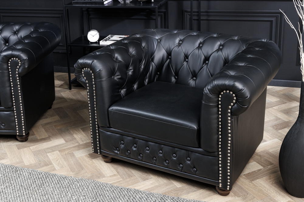 Design Sessel CHESTERFIELD 110cm matt schwarz Knopfheftung Federkern