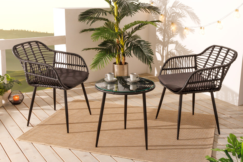 In- und Outdoor Bistro Balkon-Set PARIS schwarz Polyrattan Sitzgruppe inkl. Tisch