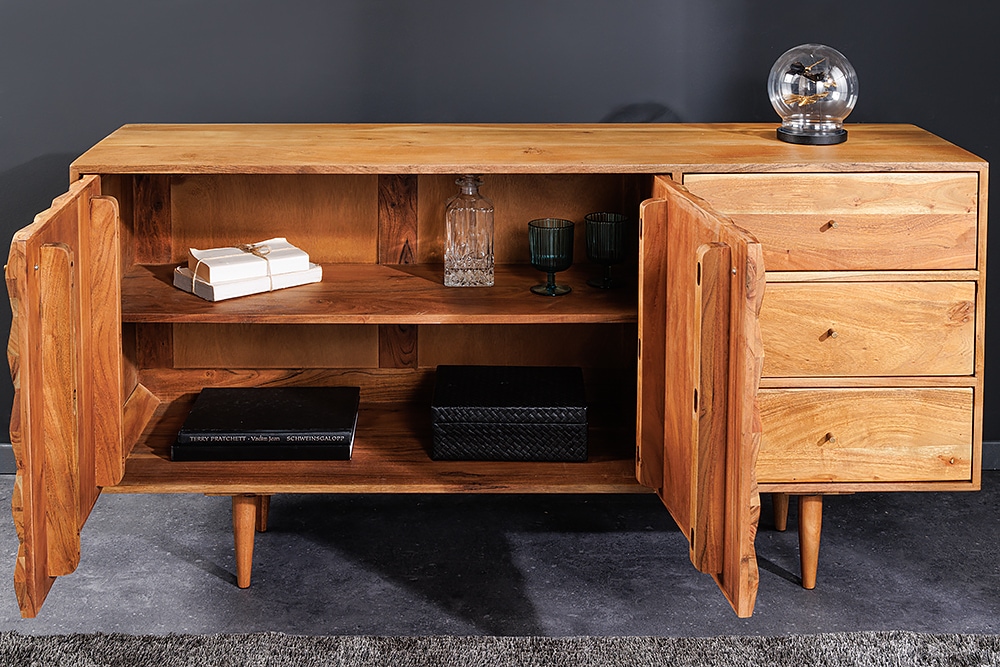 Massivholz Sideboard ALPINE 145cm Akazie honey finish Kommode mit Schubladen Retro Design