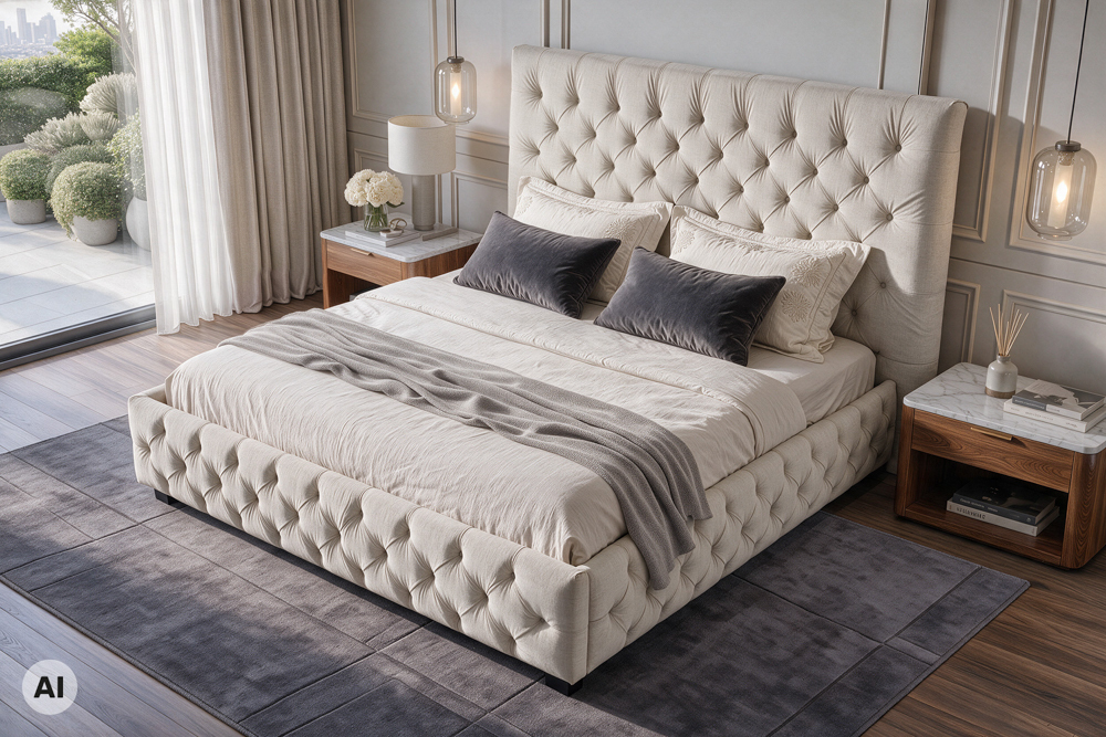 Design Boxbett PARIS 180x200cm beige Leinen Chesterfield Doppelbett Design Boxbett PARIS 180x200cm beige Leinen Chesterfield Doppelbett