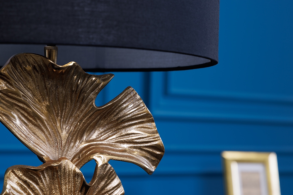 Design Tischlampe GINKGO 70cm schwarz Stoffschirm gold Metall handmade Marmor-Fuß