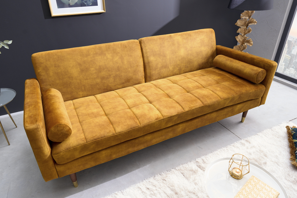 Modernes Schlafsofa COUTURE 200cm senfgelb Microvelours 3-Sitzer Couch mit Schlaffunktion