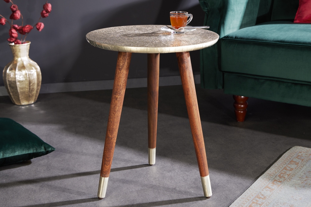 Design Beistelltisch ALCAZAR 50cm antik silber Metall Mangoholz Handarbeit rund