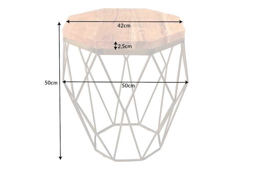 Abstrakter Beistelltisch DIAMOND 50cm natur Akazie Massivholz messing Metallgestell