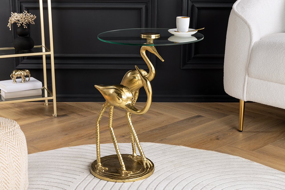 Runder Beistelltisch WILDLIFE CRANE 55cm gold Glas Kranich-Skulptur handmade