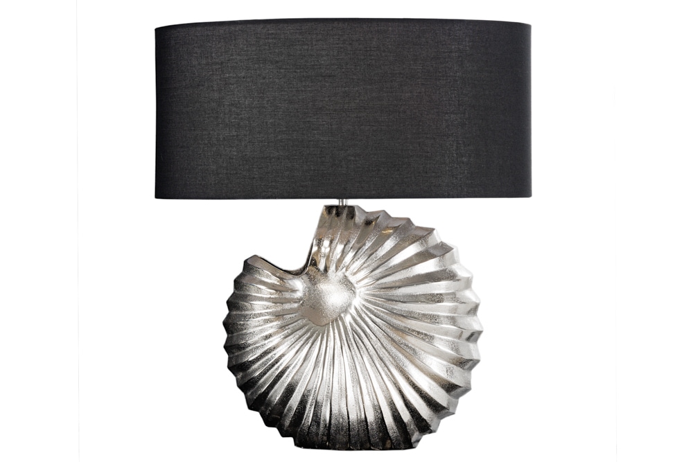 Design Tischlampe SHELL 60cm silber schwarz Metall Stoffschirm maritim
