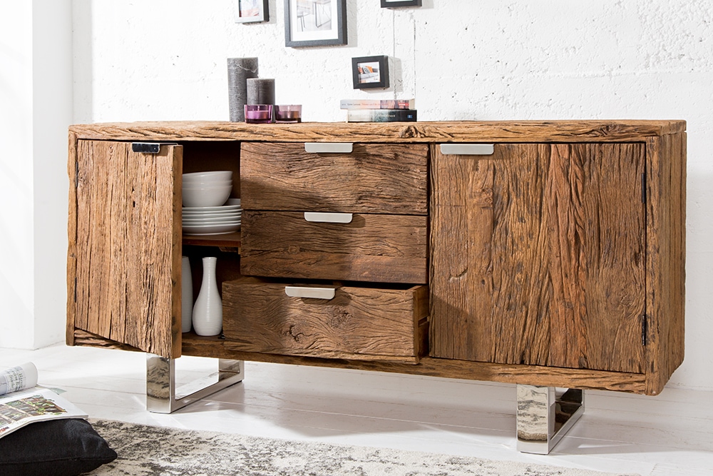 Massivholz Sideboard BARRACUDA 160cm Teak antik Kommode mit Schubladen Stahl Kufenfüßen