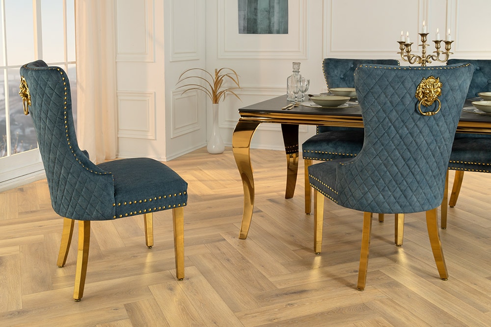 Barock Stuhl CASTLE DELUXE petrol Samt gold Edelstahl mit Löwenkopf Ziernieten