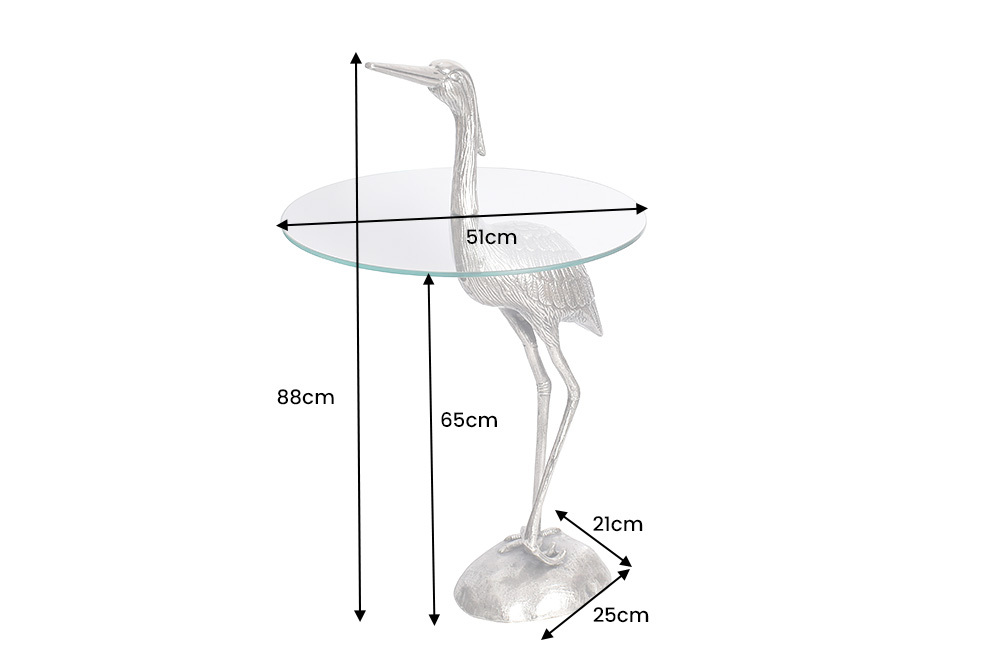 Runder Beistelltisch WILDLIFE HERON 90cm silber Metall Glas Fischreiher Skulptur handmade
