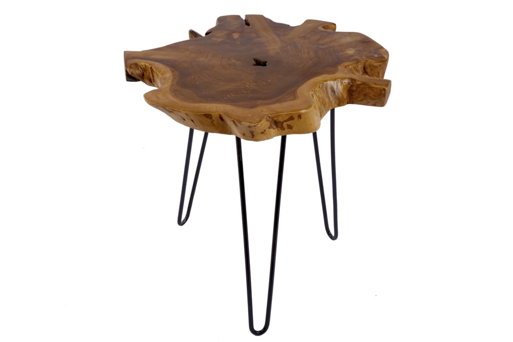 Einzigartiger Beistelltisch WILD 50cm Teak Massivholz Baumscheibe Metallbeine schwarz