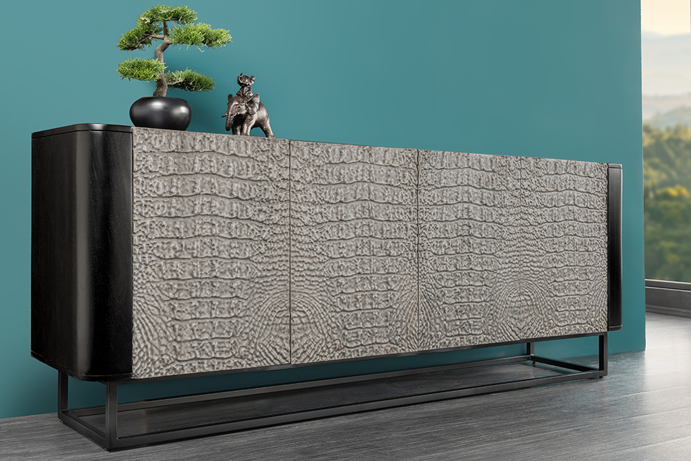 Handgefertigtes Sideboard CROCO 180cm grau schwarz Mangoholz mit 3D Schnitzereien massiv Metall