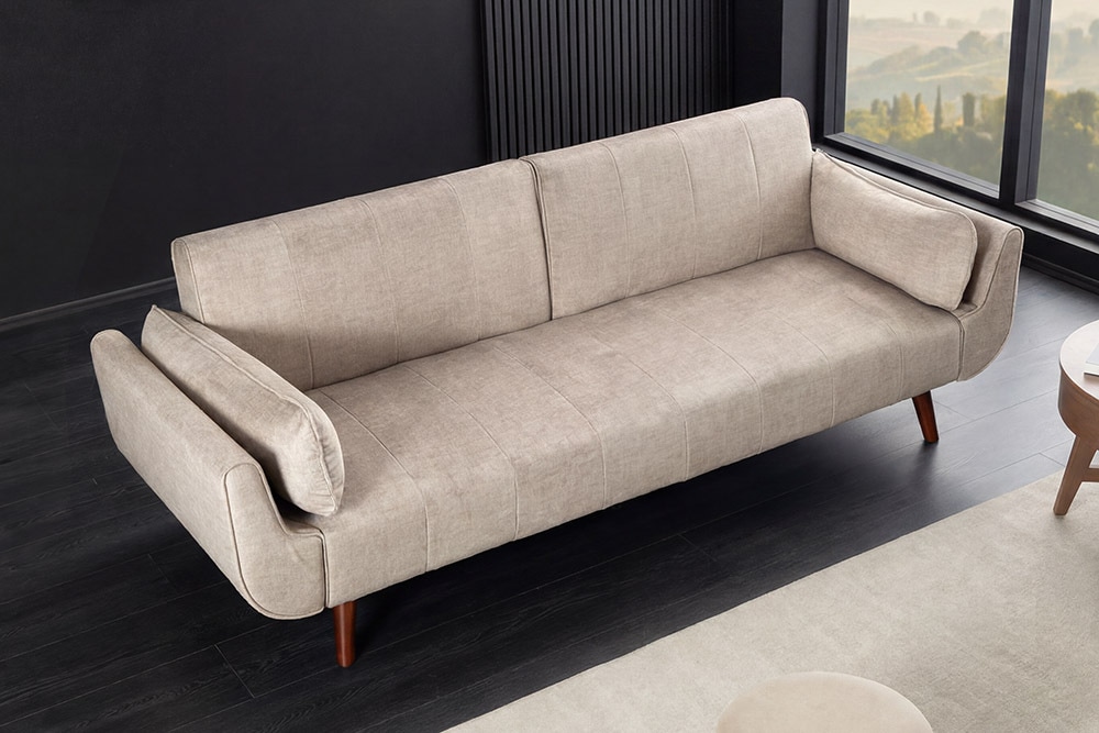 Design Schlafsofa DIVANI 220cm champagner beige Samt 3-Sitzer mit Bettfunktion Walnuss-Füße