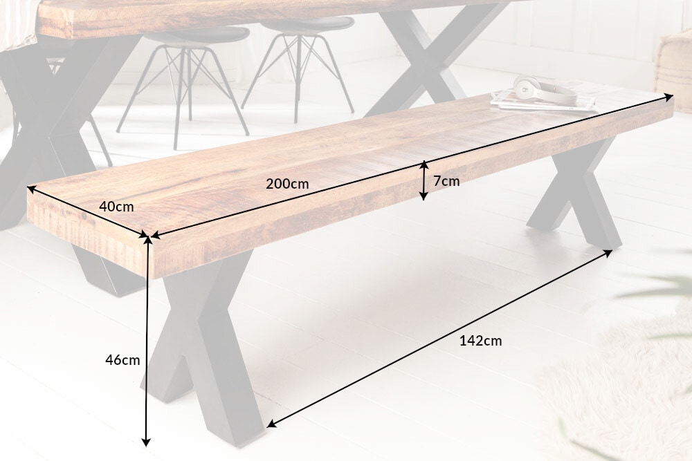Industrial Sitzbank IRON CRAFT 200cm Mangoholz mit X-Beinen in schwarz