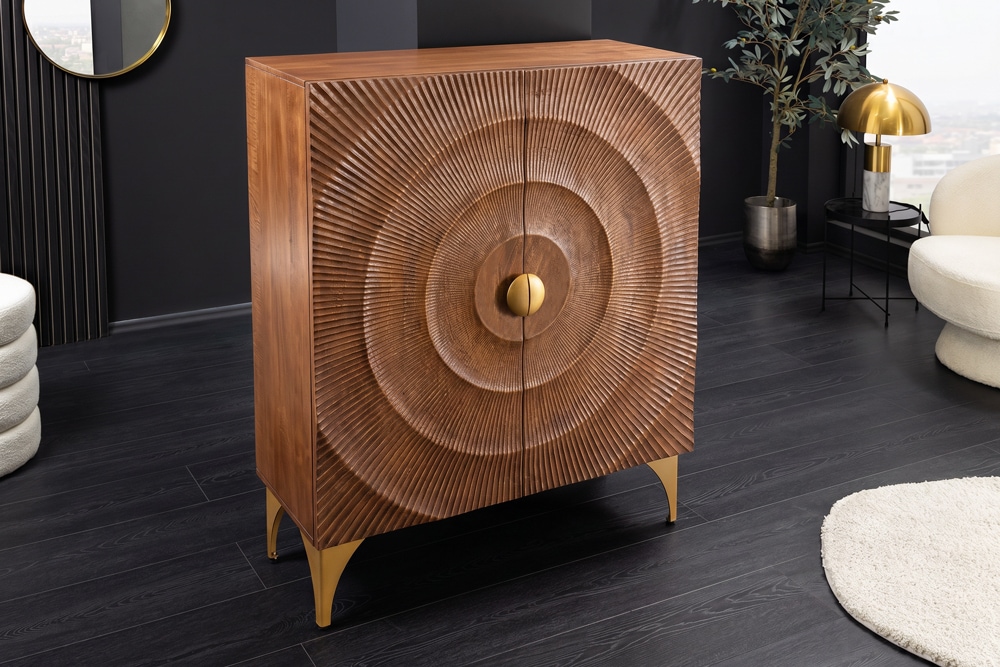 Massives Highboard GOLDEN SUNSET 120cm braun gold Mangoholz mit 3D Schnitzereien