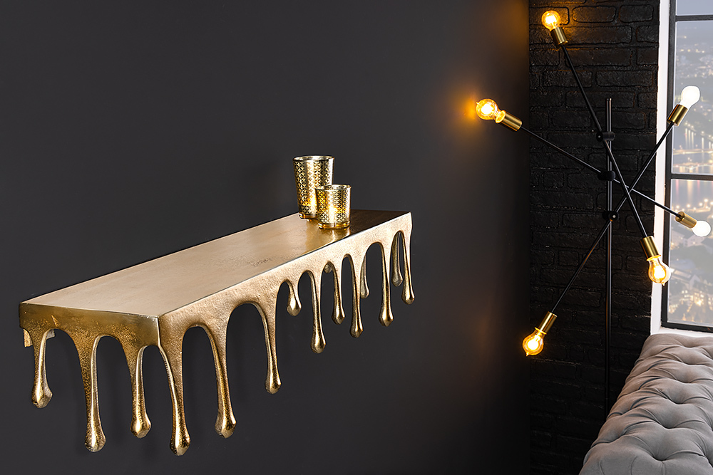 Handgefertigtes Wandregal LIQUID LINE 60cm gold antik Metall Tropfen-Design