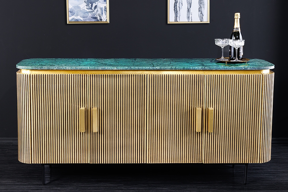 Design Sideboard VENEZIANO 160cm messing grün Marmorplatte Mangoholz Retro