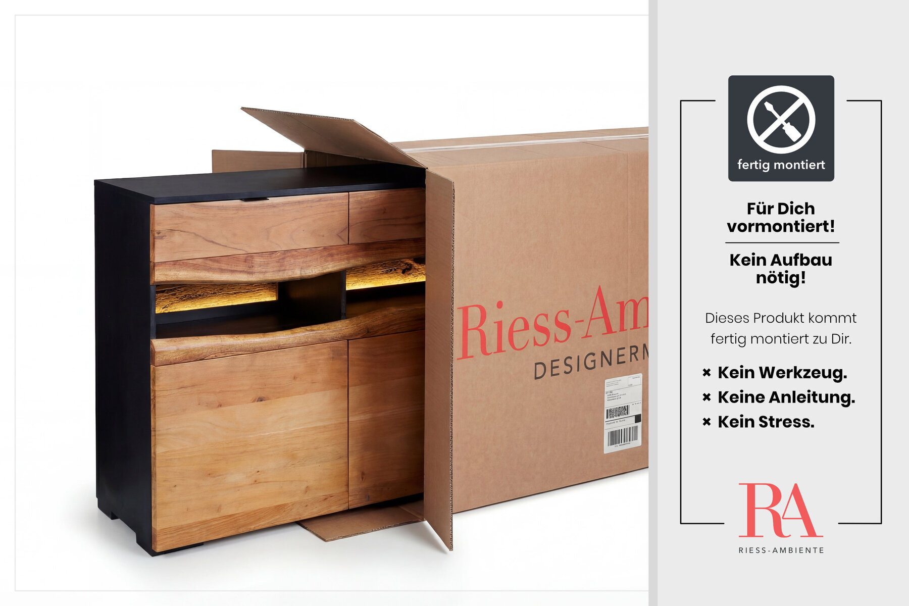 Massivholz Sideboard GRAND ACACIA 180cm braun Akazie mit LED-Beleuchtung Baumkante
